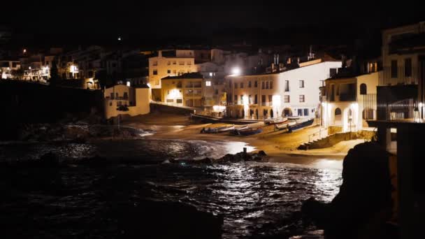 Night view of a small mediterranean fishing village. Fool moon reflection in the water. Night lights on the seashore. Waves splashes in a small bay with a small coastal village. Night sea white houses — Stok video