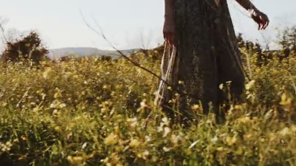 Chica en vestido verde camina por los campos tonta de flores amarillas florecientes. Mujer de pelo largo pasea por el hermoso campo. Luz dorada en un paisaje idílico. Paz y tranquilidad . — Vídeos de Stock