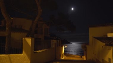 Ay ışığı, küçük bir Akdeniz köyünün kıyısındaki bir deniz dalgasına yansıyor. Dolunay. Gece denizinde ay yolu. Sahile giden sessiz bir sokakta fenerin sarı ışığı. Ay gecesi.