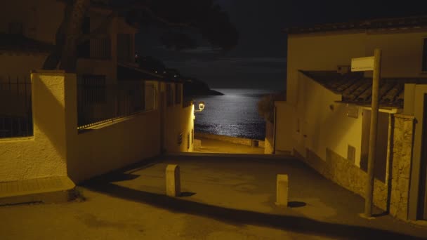 Moonlight reflected in a sea ripple on the shore of a small Mediterranean village. Full moon. Lunar path in the night sea. Yellow light of a lantern on a quiet street leading to the beach. Moon night. — 비디오