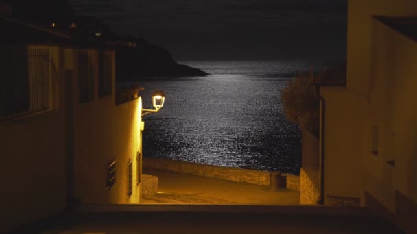 Månsken reflekteras i en havsränna på stranden av en liten medelhavsby. Fullmåne. Lunar stig i natthavet. Gult ljus från en lykta på en lugn gata som leder till stranden. Månnatten. — Stockvideo