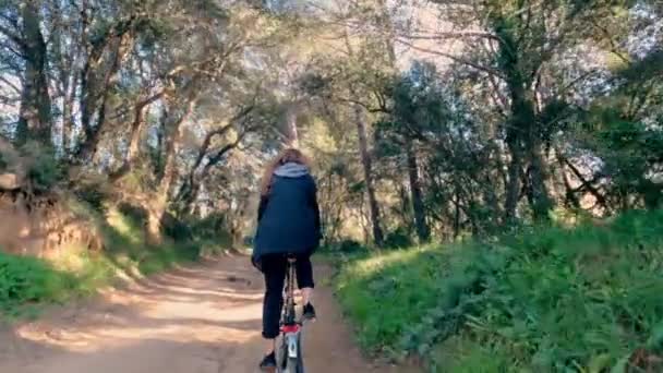 Una niña de pelo largo monta en bicicleta en un camino rural entre campos, bosques y prados. Un paisaje pintoresco. Paseo en bicicleta rural. Callejuelas, bosques con pinos y cipreses. Luz dorada . — Vídeos de Stock