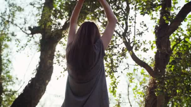 Una giovane atleta si allunga prima di correre. Prepararsi per una corsa nel parco tra gli alberi. Sport all'aria aperta. Uno stile di vita sano. Bellissimo paesaggio rurale. Colori primaverili. Luce dorata. Correre . — Video Stock