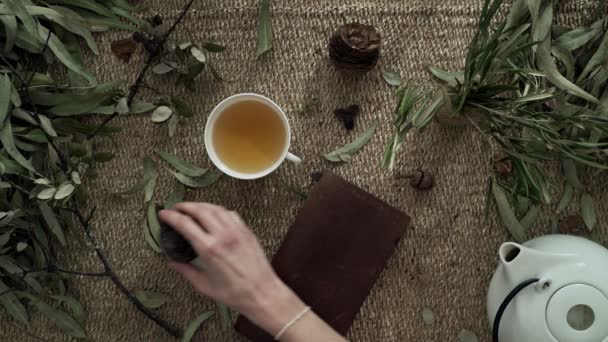 Flatlay com esteira de vime, plantas secas, um caderno, bule e uma xícara de chá de ervas. Close-up de mãos femininas derramando chá. Cerimónia do chá. A beber chá. Cores naturais. Pequeno-almoço. Estética ecológica . — Vídeo de Stock