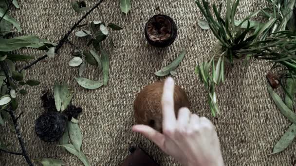 Flatlay met rieten mat, droge planten, een brandende kaars en een kokosnoot. Close-up van vrouwelijke handen die met kokosnoot spelen. Natuurlijke kleuren. Milieuvriendelijke esthetiek. — Stockvideo