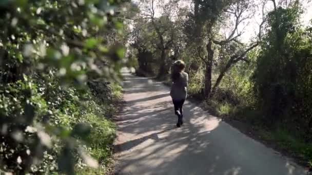 Young athletic woman jogging on a spring morning. Jogging along the road among trees and green fields. Outdoor sports. Healthy lifestyle. Beautiful rural scenery. Spring colors. Golden light. Running. — Stock Video