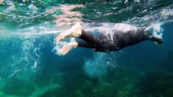 Egy fekete neoprén öltönyös férfi levetkőzik és úszik a víz alatt. Víz alatti lövöldözés. Triatlon. Tiszta smaragd vízben süt a nap. Spray és a nap ragyog a tenger homokos alján. Úszás nyílt vízben. — Stock videók