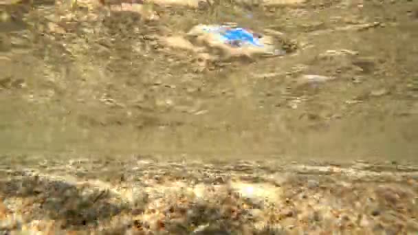 Närbild av en sandig botten under vattnet. Undervattensskytte. Gyllene sand och klart vatten. Solen bländar på havsbotten. Skjuta en havsvåg under vatten. — Stockvideo