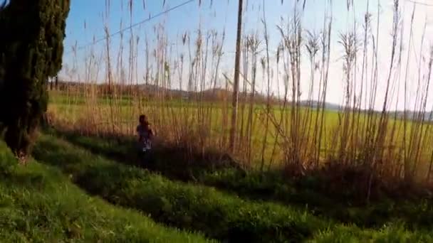 Mujer atlética joven corriendo en una mañana de primavera. Correr a lo largo de la carretera entre cipreses y campos verdes. Deportes al aire libre. Estilo de vida saludable. Hermoso paisaje rural. Colores de primavera. Correr. . — Vídeo de stock