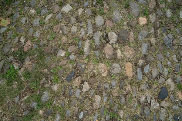 Antique paving stones. Stone and grass floor. Natural stone wall texture. Medieval masonry. Ancient wall. Stone brick wall. Macro texture. Medieval architecture. Rough masonry. Background texture. — Stock Photo, Image