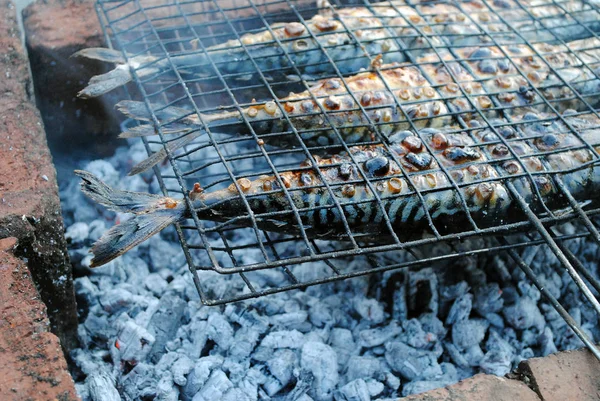 Gegrilde Vis Gebakken Makreel Boven Een Open Vuur — Stockfoto