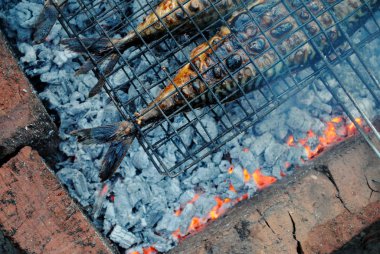 Izgara balık. Açık ateşte kızarmış uskumru.