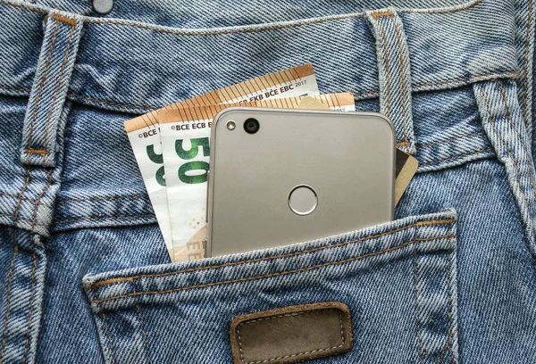 Tasca Jeans Vicino Telefono Soldi Una Carta Credito Una Tasca — Foto Stock