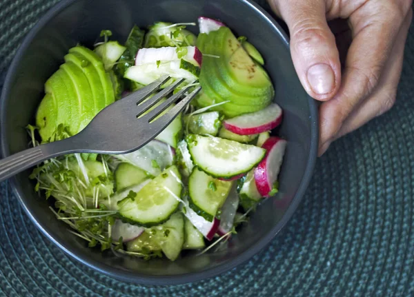 Vegetarische Salade Met Avocado Komkommer Radijs Micro Vlas Arugula Groenten — Stockfoto