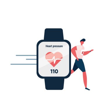 Runner uses smartwatch for tracking heart rate while workout. Fitness tracker, health monitor, wrist-worn device. Flat vector isolated illustration.