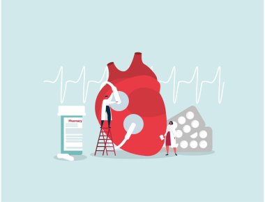 Cartoon doctor characters check heart rate with ECG. Medicaments for cardio diseases treatment. Flat vector illustration.