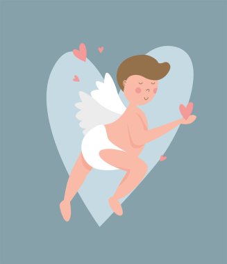 Flying cupid with heart in hand. Love, Valentine's day. Vector illustration