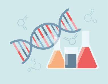 Chemicals used in experiment for DNA engineering in laboratory. Science development concept. Flat vector illustration.