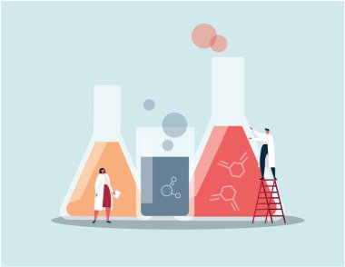 Cartoon characters of scientist conduct an experiment with chemicals in laboratory. Science and research concept. Flat vetor illustration.