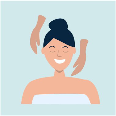 Face lifting massage. Woman in a towel smiling. Cosmetology beauty services. Flat vector illustration.