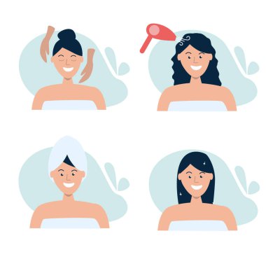 Hair care set. Happy woman in a beauty salon. Beauty services. Flat vector illustration.