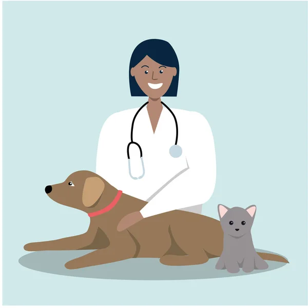 Female Vet Checks Domestic Pets Doctor Veterinary Clinic Flat Vector — 图库矢量图片