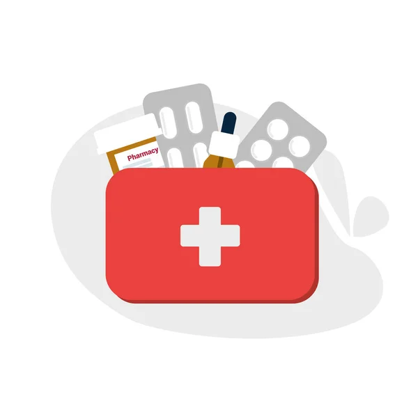 Kit Primeiros Socorros Com Medicamentos Dentro Conceito Medicina Saúde Ilustração — Vetor de Stock