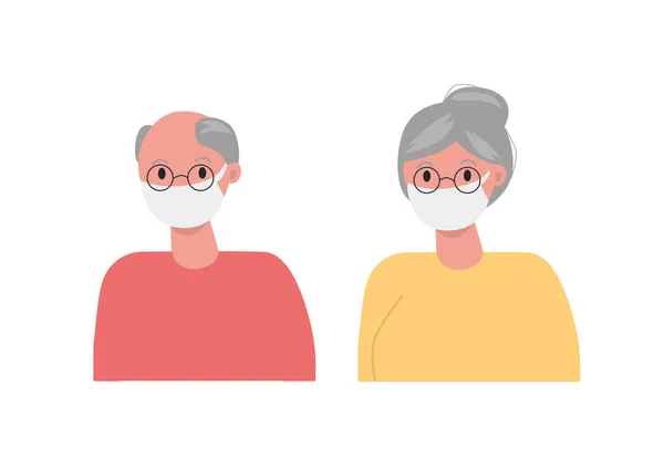 의료용 마스크를 노인들은 바이러스로부터 자신을 보호하고 할머니와 할머니의 캐릭터 일러스트 — 스톡 벡터