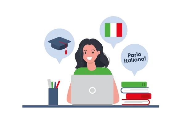 Cartel Del Día Del Idioma Italiano Mujer Sentada Con Ordenador — Vector de stock