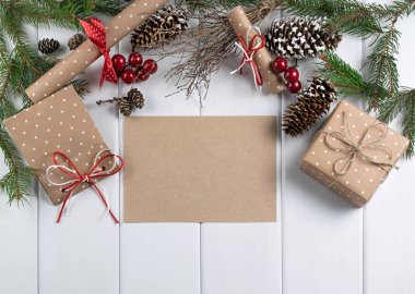 Noel arka plan boş kağıt sayfası ile. Üstten Görünüm.