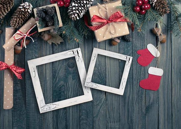 Christmas background with photo frame, spruce, gift box, Santa C