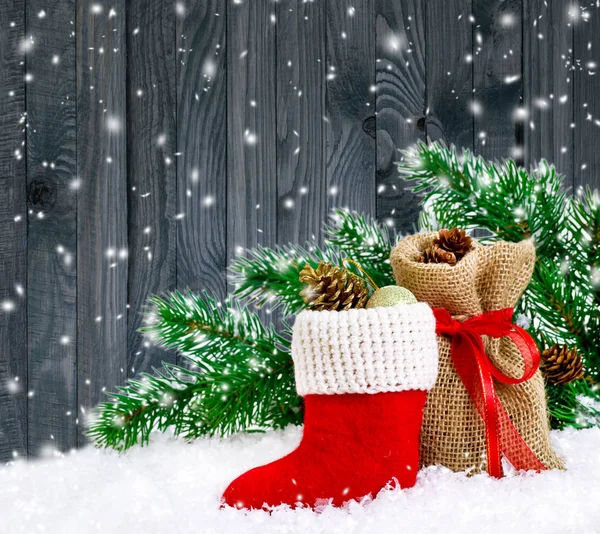 Cartão de Natal com bota de Papai Noel — Fotografia de Stock
