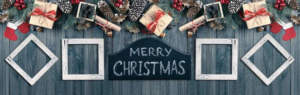 Christmas banner with photo frames, spruce, gift box, Santa Clau — Stock Photo, Image