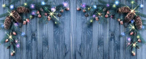 Christmas banner with fir tree frame, illumination, glowing star — Stock Photo, Image