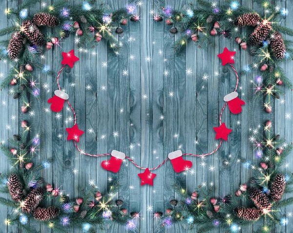 Christmas wooden background with illumination, glowing stars, Sa — Stock Photo, Image