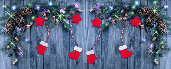 Christmas background with illumination, glowing stars, spruce br — Stock Photo, Image
