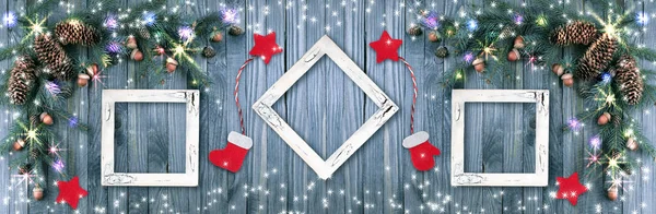 Christmas background with photo frame, illumination, glowing sta — Stock Photo, Image