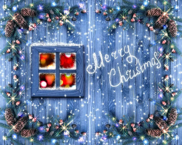 Christmas wooden window decorated with New Year decor — Stock Photo, Image