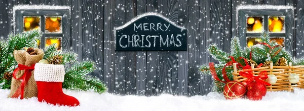 Boże Narodzenie transparent z Santa buty, piłki, worek z prezentami i stożek — Zdjęcie stockowe