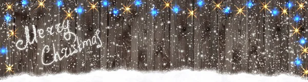 Weihnachtsbanner mit leuchtenden Lichtern und Girlanden auf Holzplanke — Stockfoto