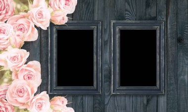 Vintage kartı fotoğraf çerçeveleri ve güller