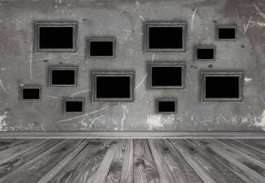 İç boş fotoğraf çerçeveleri grungy duvar adam üzerinde dizi