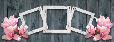 Fotoğraf çerçeveleri ve Manolya çiçek woo duvara arka plan