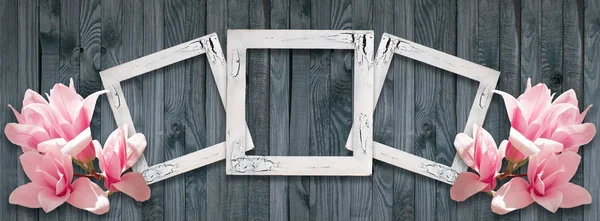 Fotoğraf çerçeveleri ve Manolya çiçek woo duvara arka plan