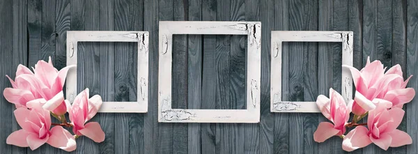 Fotoğraf çerçeveleri ve Manolya çiçek woo duvara arka plan