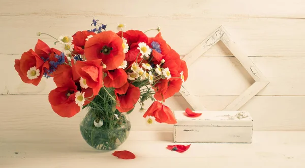 Papaver in vaas en foto frame — Stockfoto