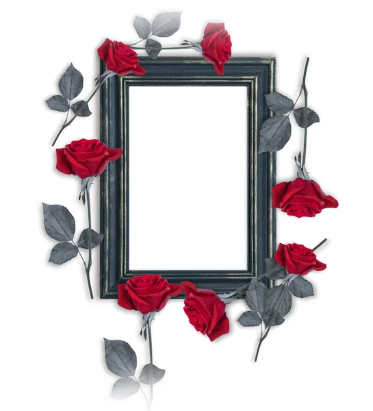 Red rose flowers and photo frame — Stock Photo, Image