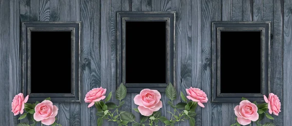 Banner z zestaw vintage zdjęcie ramki i róże — Zdjęcie stockowe