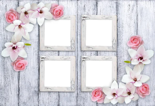 Molduras fotos retro com flores de magnólia e rosas — Fotografia de Stock