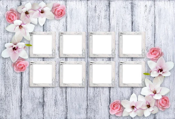 Retro fotolijsten met magnolia bloemen en rozen — Stockfoto